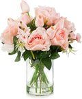 ENOVA FLORAL Pink Tulip Artificial Real Touch Flowers in Vase, Mixed Fake Tulips Fake Flowers and Silk Rose Artificial Flowers with Vase for Dining Table Decoration (Pink)