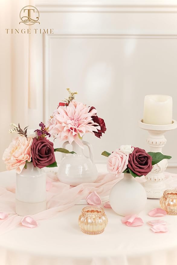 TINGE TIME Artificial Flowers Burgundy & Pink Flower Combo for DIY Wedding Bouquets Table Centerpieces Arrangements Party Baby Shower Home Decorations