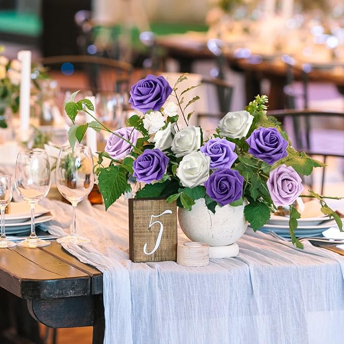 Artificial Flowers Realistic Roses, 25pcs Purple & White Real Looking Fake Roses with Stem for DIY Wedding Bouquets Centerpieces Bridal Shower PartyRomantic Decorations (25pcs, Shades of Purple)