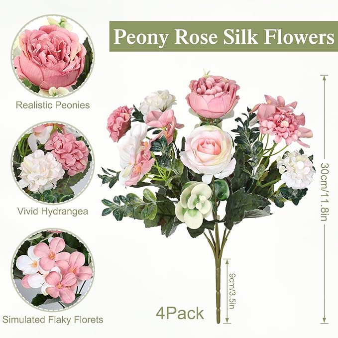 4 Bundles Pink Peonies Artificial Flowers Silk Flower Centerpieces for Tables Fake Flower Arrangements Bouquets Mixed Roses Hydrangea with Stems for Wedding Bridal Bouquets Home Table Decor