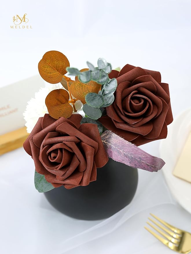 Meldel Artificial Flower 25pcs Real Touch Amber Fake Foam Roses with Stems for DIY Wedding Bouquets Gifts Bridal Shower Faux Floral Centerpieces Arrangements Home Party Tables Decorations