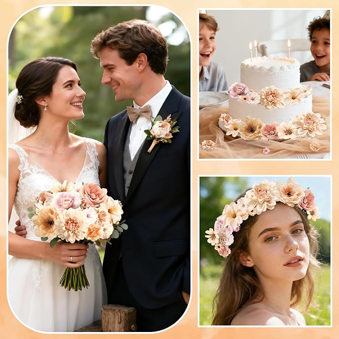 Fake Flower Heads Mini Artificial Flower Nude Color Faux Dahlia Rose Flowers for Crafts Cake Blossom Wreath Bouquets for Wedding Bridal Party Baby Shower Graduation Season Home Decor