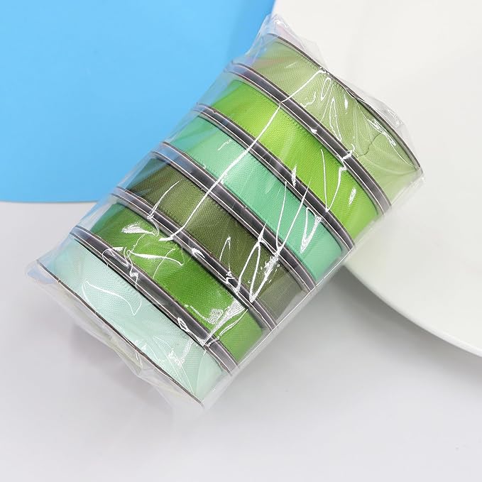 Sage Green Satin Ribbon Solid Fabric Ribbons 3/8'' inch Double-Faced Satin Ribbon for Gift Wrapping, Wedding, Birthday, Baby Shower Decor Floral Bouquet Crafts- 6 Colors X 5 Yards Each