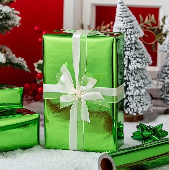 Merture Green Wrapping Paper Roll - 17 In X 33 Ft(46.5 sq.ft.) Metallic Green Solid Color Gift Wrap for Christmas, Fathers Day, Baby Shower, Gender Reveal Party, Hanukkah