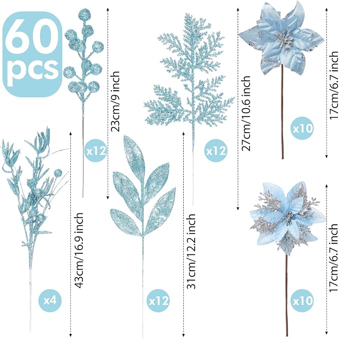 60 Pcs Christmas Glitter Branches 6 Styles Artificial Christmas Picks Berries Stems Poinsettia Flowers Pine Needles Floral Twig Spray for Xmas Tree Ornaments DIY Wreath Garland(Light Blue)