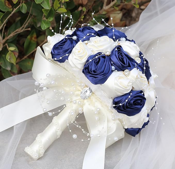 Bridal Wedding Bouquet Round Bling Brooch Bouquet Throw Toss Artificial Rose Flower Bunch for Bride Bridesmaid Wedding Quinceanera(Navy Blue & Ivory, 6.3")