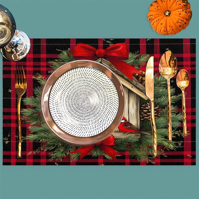 Christmas Art Waffle Cardinal Placemats Set of 4 PVC Vinyl Non Slip Table Mats Heat Resistant Place Mats Washable Wipeable Dining Table Mat for Kitchen Decor Party Indoor Outdoor Decorative Gift