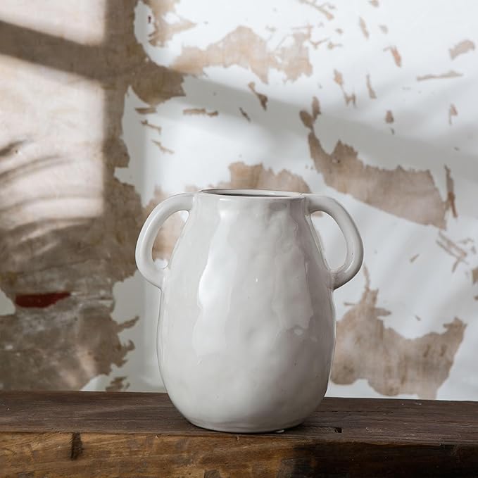 White Ceramic Vase with 2 Handles for Modern Farmhouse Home Decor, Vintage Rustic Decorative Vases, Small Vase for Fresh and Dried Flowers, Centerpiece Table Decorations, 7 Inch