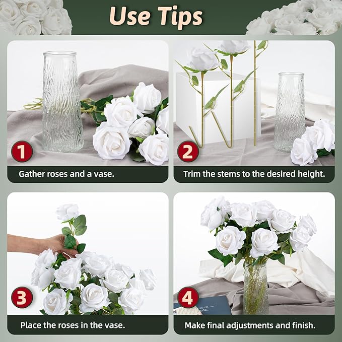 Roses Artificial Flowers 10 Pack in Bulk, White Fake Roses Flowers Realistic Roses for Wedding Home Party Decoration Event Gift