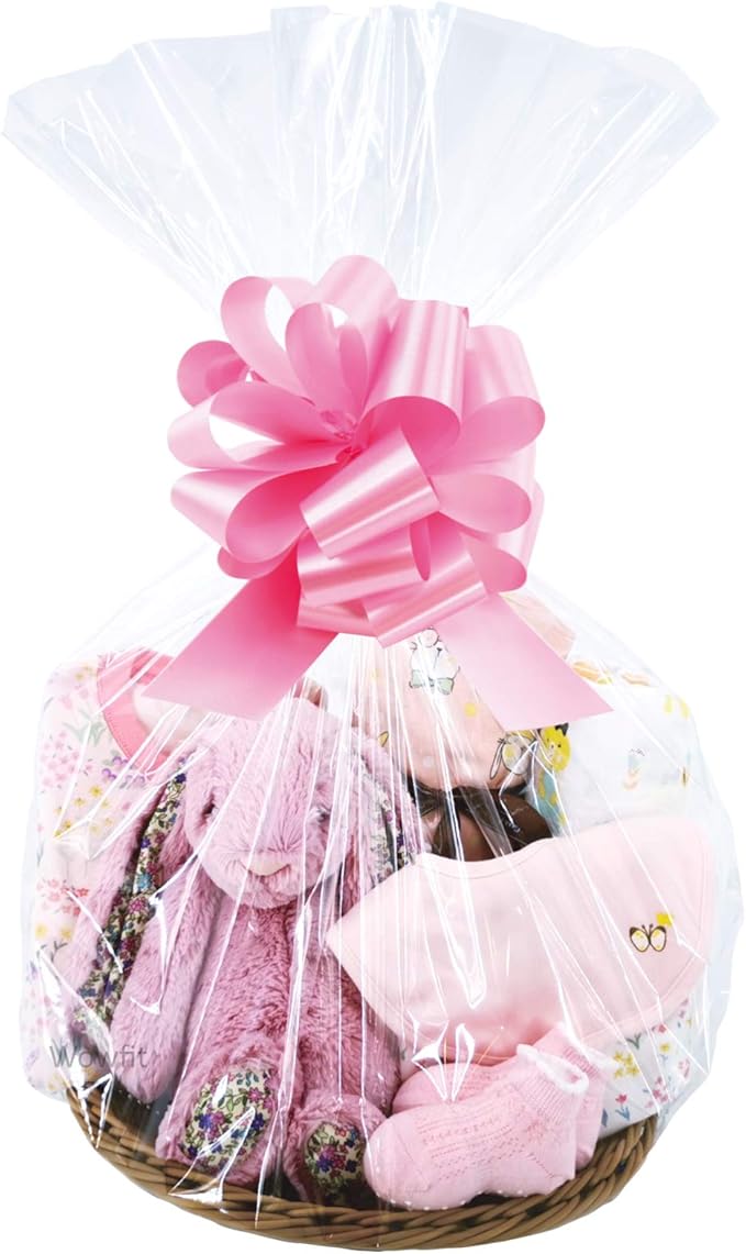 Wowfit Cello Bags,10 CT 18x30 inches Clear Cellophane Bags Perfect for Gift Baskets, Presents, Weddings, Bridal/Baby Showers and More (Flat, No Gusset, Ribbon Not included)