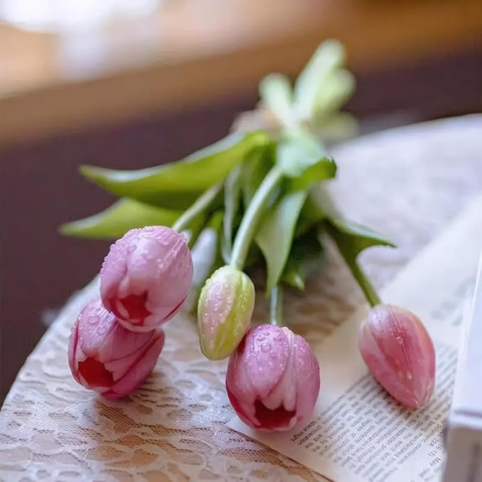 15 Pcs Deep Pink Tulips Artificial Flowers Faux Tulips Real Touch Latex Fake Flower Bouquet for Spring Wedding Home Décor Centerpiece Arrangements