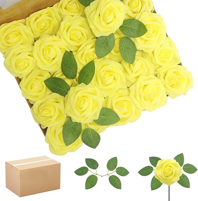 200PCS Yellow Artificial Flowers Roses Real Looking Foam Fake Roses with Leaves for DIY Wedding Bouquets Bridal Shower Party Decorations (Yellow, 200)