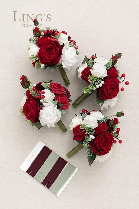 Ling's moment Red Bridesmaid Bouquet Set of 4, Red and White Christmas Wedding Bouquets for Bridesmaids, 7 Inch Bridal Bouquets for Bridesmaids, Wedding, Ceremony, Anniversary, Homecoming, etc.