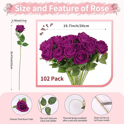102 PCS Purple Roses Artificial Flowers, Fake Purple Roses, Purple Artificial Roses with Stems for Wedding Flowers Decoration, Valentines Roses, Wedding Decoration