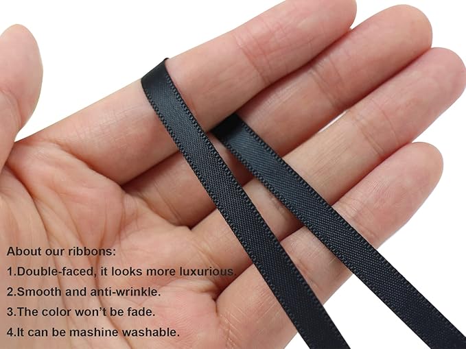 Black Double Faced Satin Polyester Ribbon 1/4 inch 6mm 100 Yards/300 Foot Wedding Gift Wrapping DIY Crafts Hair Accessory Sewing Projects Home Decorations
