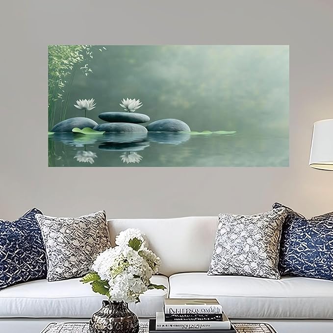 Iallbin Zen Stone Wall Art & Zen Wall Decor, Tranquil misty pond two white lotus flowers -for Yoga Meditation Room, Spa & Bathroom, Green Serenity Art Deco Style, Ready to Hang, 58x29 Inches