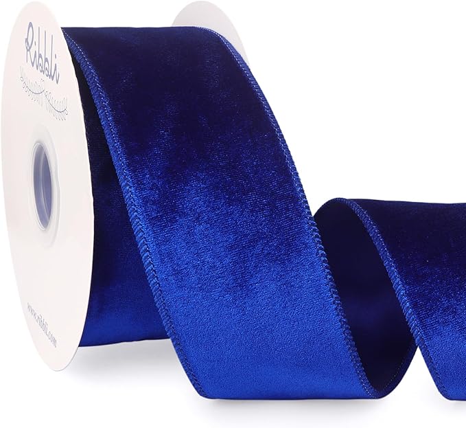 Ribbli Royal Blue Velvet Wired Ribbon 2.5 Inch Velvet with Satin Christmas Ribbon for Gift Wrapping Christmas Tree Decoration Crafts Wreaths Supplies-Continuous 10 Yards
