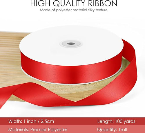 100 Yards 1 inch Satin Ribbon, Fabric Ribbon Solid Color Perfect for Gift Wrapping, Wedding, Handmade Bows, Floral Bouquets and Party Decoration(red)