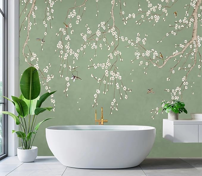Cliouar-Decor Beautiful Wallpaper Birds and Flower Green Background Peel and Stick 90" x 67"