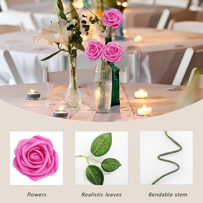 100Pcs Artificial Flowers Hot Pink Roses Real Looking Foam Fake Roses with Leaves and for DIY Wedding Bouquets Bridal Shower Centerpieces Party Decorations (Hot Pink, 100)