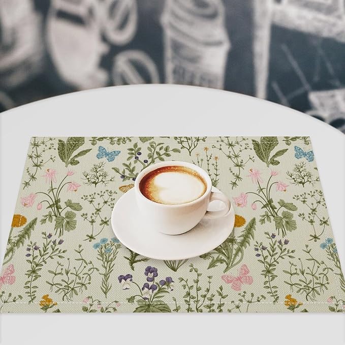 Botanical Placemats Set of 6, 17x12 Inch Butterfly Green Leaf Colorful Wildflower Vintage Rustic Style Table Mats for Home Party Kitchen Dining Decor