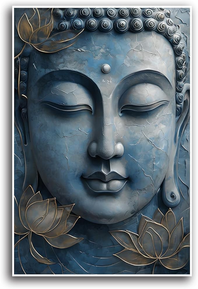 Canvas wall art Golden lotus crown Serene Buddha poster Ethereal blue toned art with delicate floral decor Zen wall art for a tranquil meditation space 28x40in Frameless
