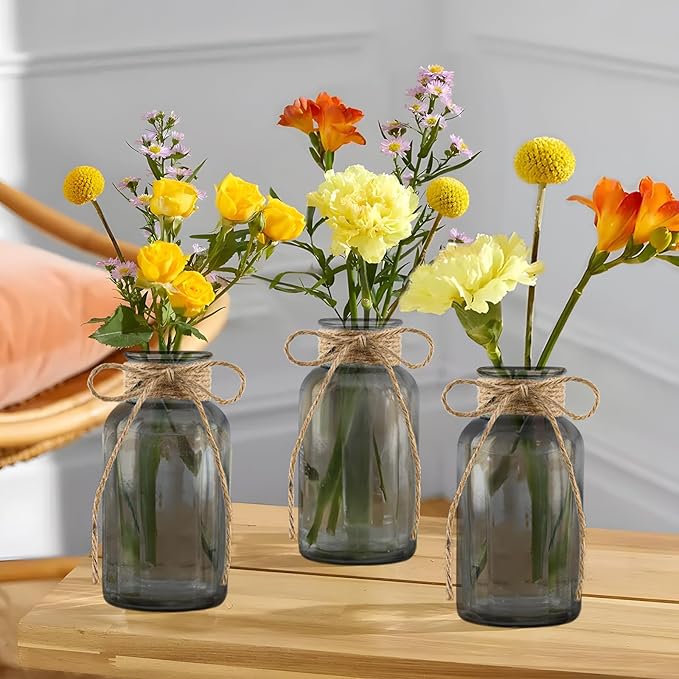 Vintage Glass Vases for Flowers, Set of 6 Grey Vases for Farmhouse Wedding Centerpiece Cylinder Bottle for Reception Table Decoration Home Decor Floral Arrangements
