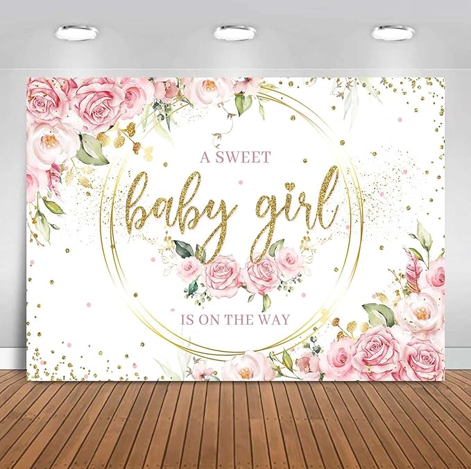Sensfun Floral It's a Girl Baby Shower Backdrop A Sweet Baby Girl is On The Way Background Pink Flower Golden Loop Baby Shower Party Cake Table Decorations Banner Photoshoot Props (7x5ft)