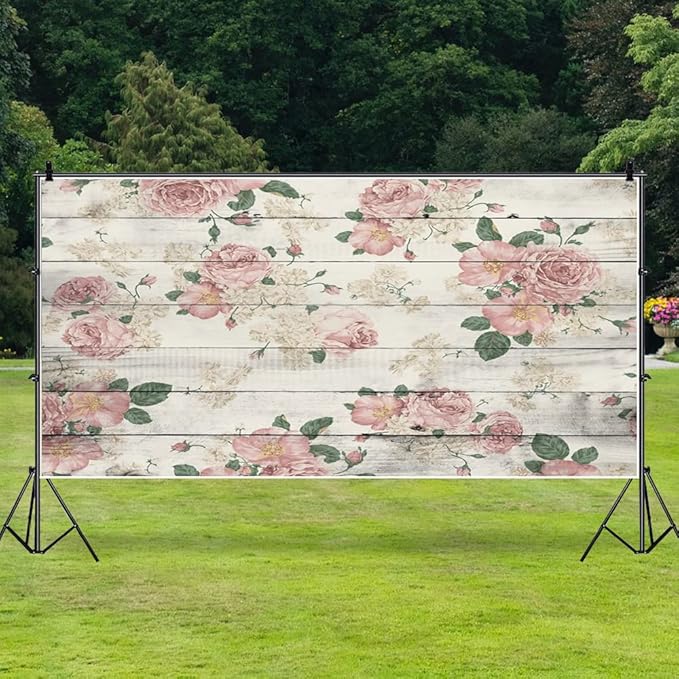 AOFOTO 15x8ft Vintage Wood Plank with Rose Floral Photography Backdrop Retro Pink Roses on Wooden Board Rustic Wedding Background Lady Woman Artistic Portrait Valentine's Day Photoshoot Studio Props