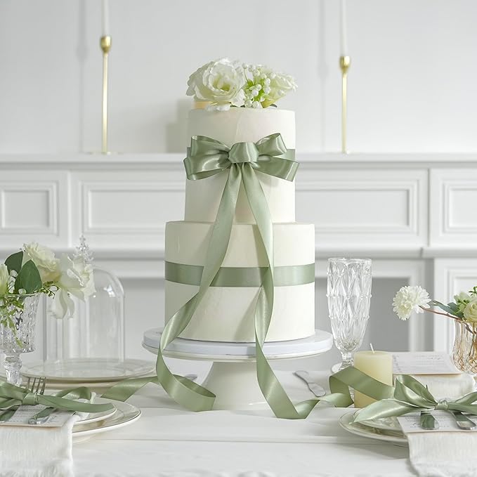 MEEDEE Olive Green Ribbon 1 Inch Olive Green Satin Ribbon Lux Double Faced Satin Ribbons by 50 Yards Polyester Green Wrapping Ribbons for Crafts, Weddings, Flower Bouquet, Holiday Decorating