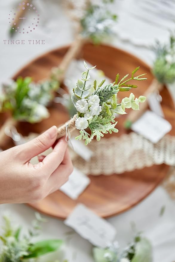 TINGE TIME Boutonniere for Men Wedding,Artificial Greenery Boutineers for Wedding Ceremony Anniversary, Formal Dinner Party and Rustic Spring Wedding Marriage (10, Fresh Green)