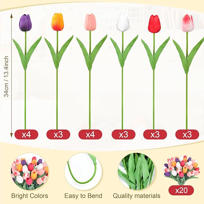 5 Color 20pcs Tulips Artificial Flowers for Real Touch Fake Tulips Slik Faux Flowers for Summer Wedding Bouquet Easter Mother's Day Home Decor (14 Inch)
