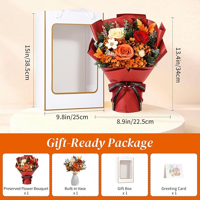 Lewondr Flower for Delivery, Preserved Flowers Bouquet, Orange Roses Bouquet, Real Long-Lasting Forever Birthday Flowers Gifts for Mom Best Friend Mothers Day Christmas Graduation, Dark-Orange