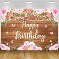 Happy Birthday Banner Rustic Wooden Butterfly Happy Birthday Backdrop for Women Girls Pink Floral Glitter Lights Decorations for Women's Party Adult Celebration Photography Background 5.9x3.6Ft