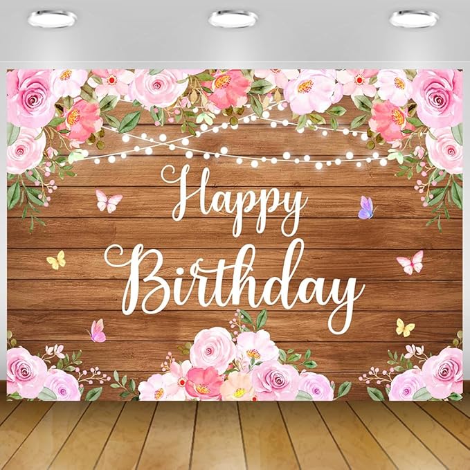 Happy Birthday Banner Rustic Wooden Butterfly Happy Birthday Backdrop for Women Girls Pink Floral Glitter Lights Decorations for Women's Party Adult Celebration Photography Background 5.9x3.6Ft