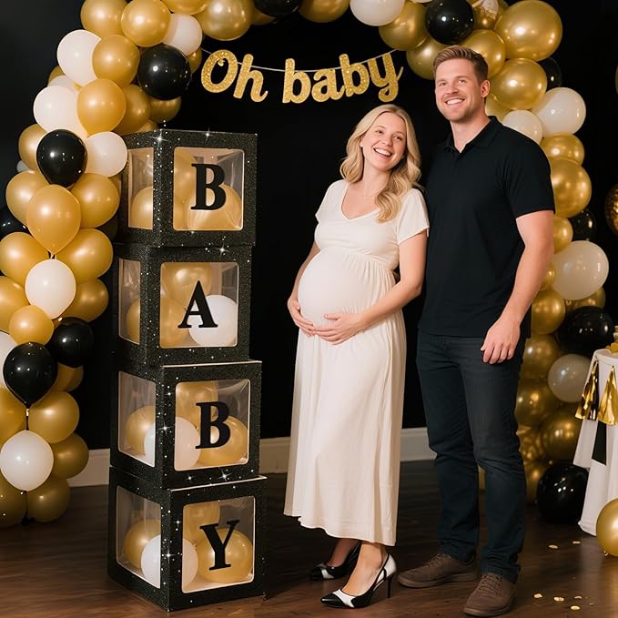 Ledido Baby Boxes with Letters for Baby Shower Decorations, 4 pcs Clear Baby Balloon Boxes for Baby Shower Decor with Letters for Boy Girl Gender Reveal Decorations Backdrop Party (Black Glitter)