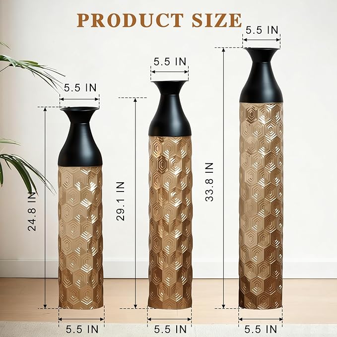 Floor Oversized Gold Metal Decorative Vase with 3D Triangle Pattern Set of 3 Large Vases for Home Living Room 33.5 ", 29.5 ", 25.2" High (Black+Gold)