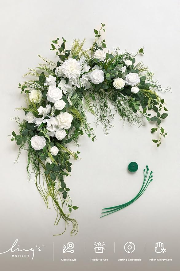 Ling's moment Wedding Arch Flowers - 6.5FT Floral Garland for Ceremony Arbor Backdrop Decoration - Artificial Rose Floral Swag for Sweetheart Table Birthday Party, Baby Shower, Lily White