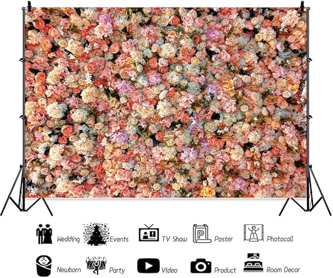 Leowefowa Floral Wall Photography Backdrop 12x10ft Colorful Rose Flower Romantic Wedding Background for Lover Spring Pink White Rose Petal Engagement Party Banner Decor Photo Supplies Prop