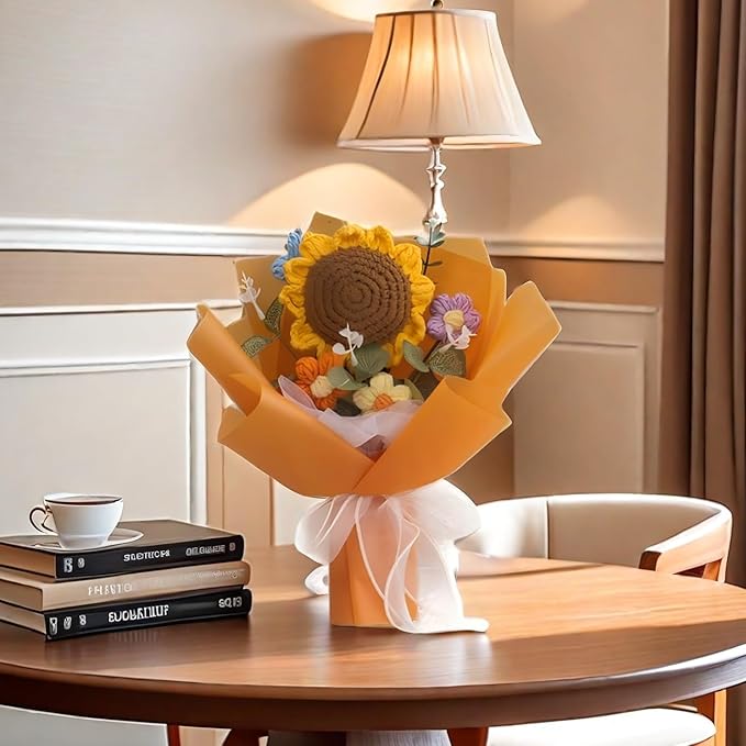 Crochet Flowers Bouquet, Handmade Crochet Sunflower No Maintenance Flower Bouquet for Teacher's Day Mother's Day, Birthday, Wedding, Home Decor(Medium-Orange Sunflower)