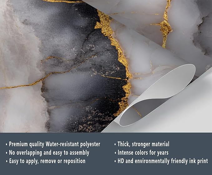 Golden Veins Marble Wall Mural, Black and White Marble 3D Wall Murals, Luxury Stone Wallpaper Mural, for Living Room Bedroom Large Wallpaper Indoor Decor 169.3" W x118.2 H