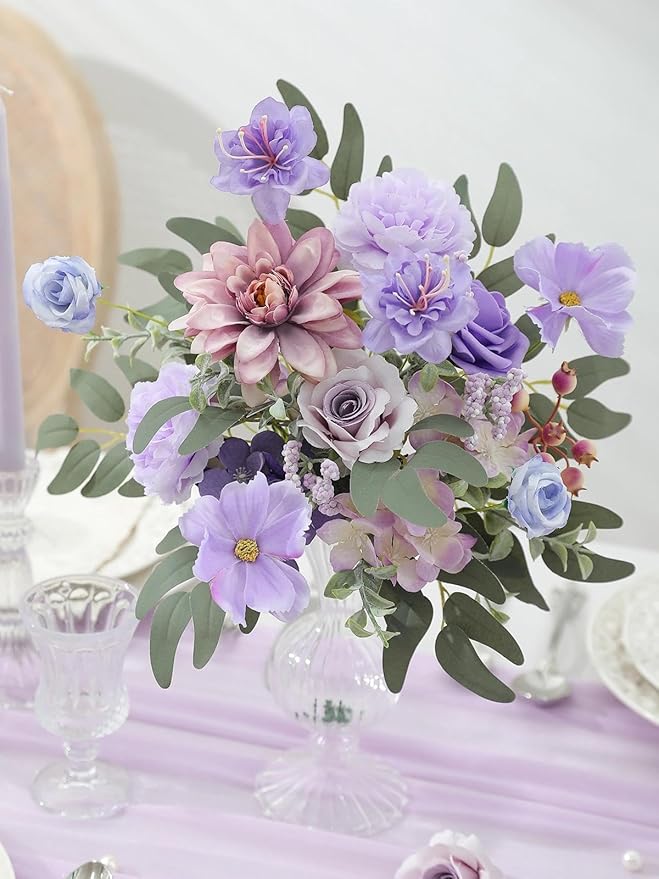 Artificial Flowers Combo Box Purple Flowers Silk Fake Roses with Stems for DIY Wedding Bridal Bouquets,Table Centerpieces,Cake Floral Arrangement,Baby Shower,Birthday Party Home Decorations