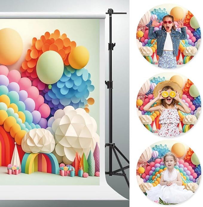 YongFoto Paper Flowers Backdrop 10x6.5ft Colorful Cut Paper Floral Blossom Rainbow Arch Hot Air Balloon Honeycomb Ball Photography Background Lovely Party Banner Home Decor Photo Studio Booth Props