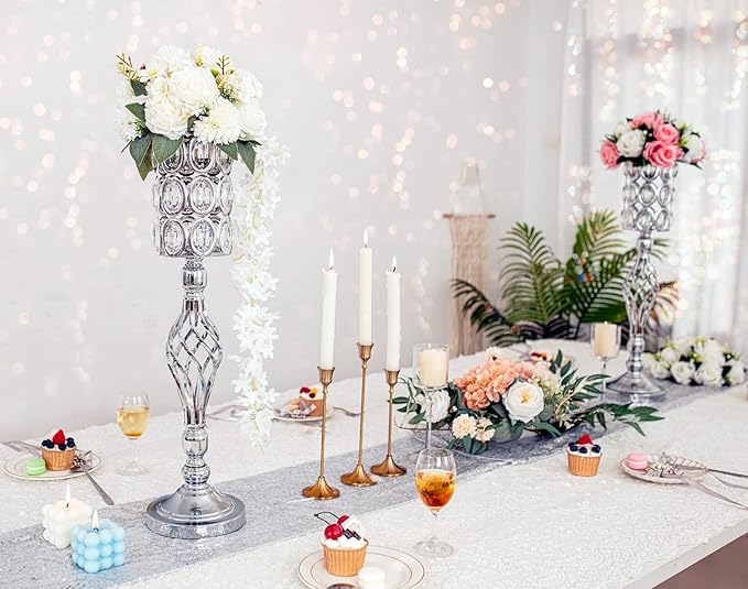 24in Metal Diamond Crystal Wedding Centerpiece Vases for Tables Set of 2, Silver Versatile Tall Flower Holders Centerpiece Flower Stands for Wedding Party Reception Home Décor
