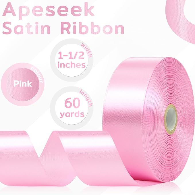 60 Yards Pink Satin Ribbon 1-1/2 Inch, Solid Baby Pink Polyester Fabric Ribbon for Gift Wrapping, Crafts, Flower Bouquet, Wedding, Baby Shower, Easter, Christmas, Mother's Day