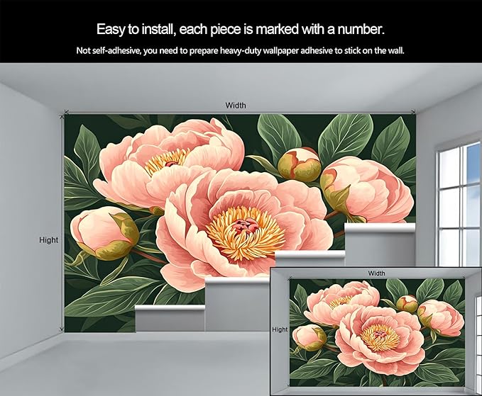 Peony Flower Wall Mural, Retro Pink Peony Flower 3D Wall Murals, Romantic Garden Theme Wallpaper Mural, for Living Room Bedroom Large Wallpaper Indoor Decor 118" W x 82.6 "H