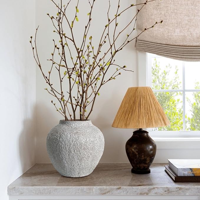 Rustic White Ceramic Vase Farmhouse Round Flower Clay Pottery Large Terracotta Floor Vases for Decorative Centerpiece Vintage Home Decor Aesthetic for Living Room Bedroom Table Entryway