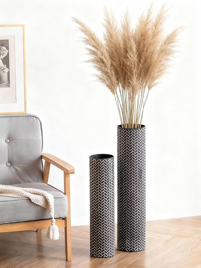 Sziqiqi Black Tall Floor Vase: 27.6/21.7in Metal Modern Cylinder Floor Vases - Woven Texture Extra Large Decorative Vase Set of 2 Home Decor for Living Room Bedroom Home Corner Indoor Office