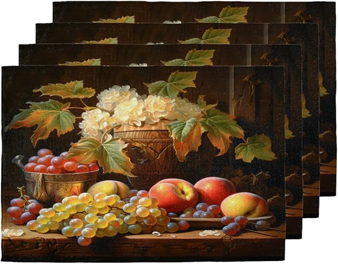 Grape Placemats, Place Mats Set of 4, Heat Resistant Place Mats, Washable Table Mats for Dining Table, Non-Slip Stain Resistant Kitchen Table Placemats, Floral Vintage Fruit Rustic