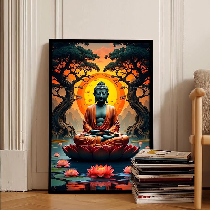 Canvas wall art Golden Buddha on lotus at sunset Ancient trees with reflections on water Serene meditation scene Uplifting wall art for mindfulness and tranquil home decor 16x24in Metal blackFramed